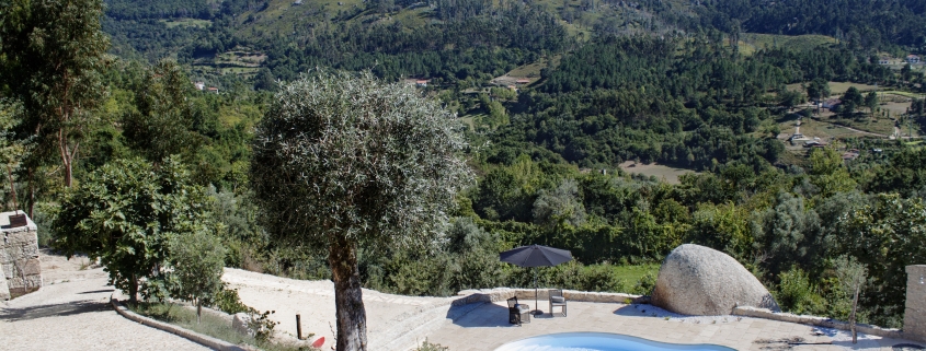 Poupar água na piscina numa propriedade rodeada de serra e vegetação
